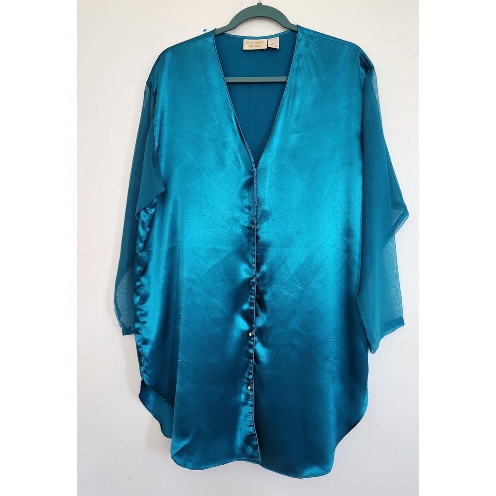 Victoria Secret Teal Button Down Sheer Sleeve Nightgown Shirt M/L Vintage